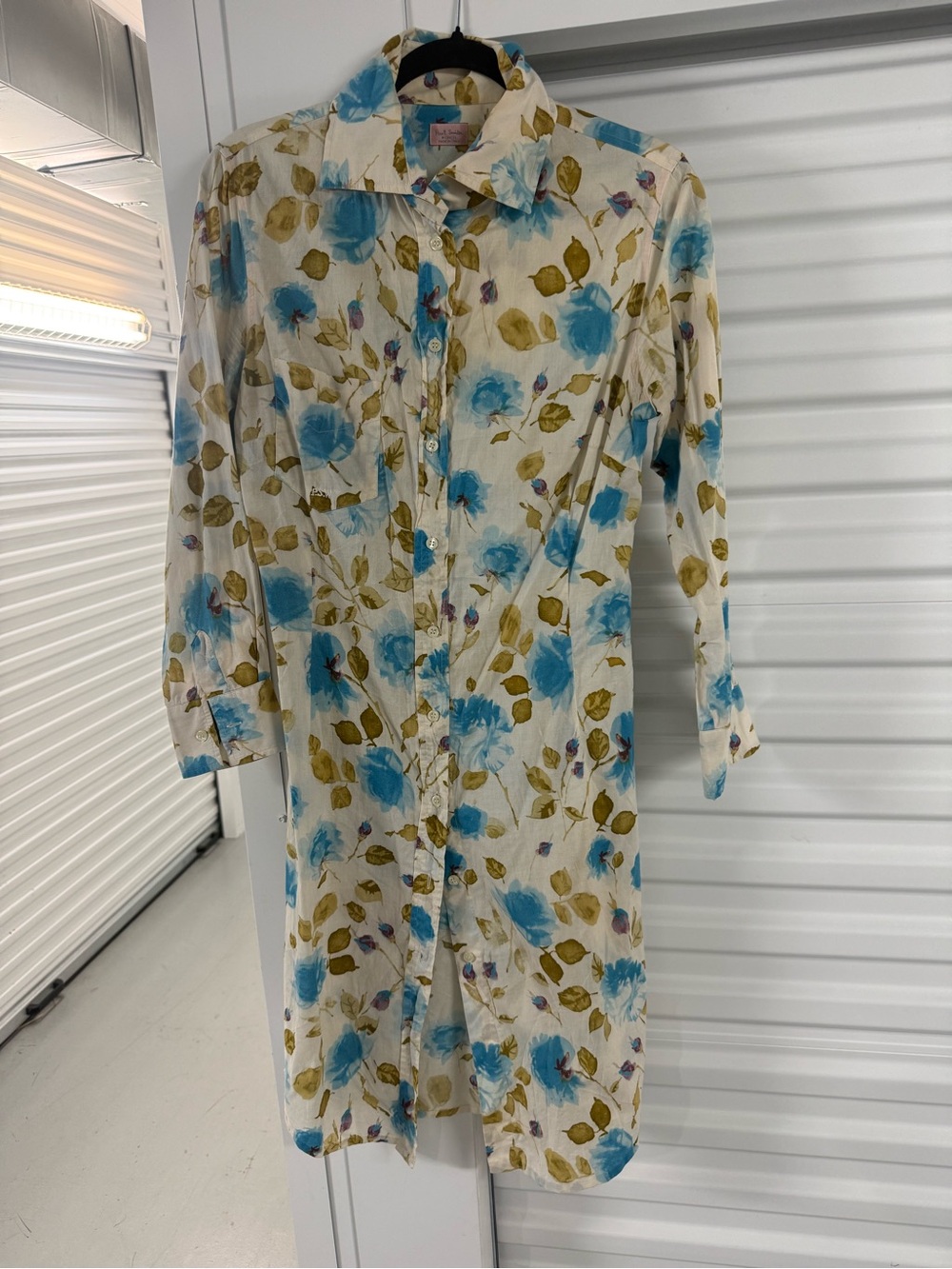 Paul Smith Cream Midi Shirt Dress with Blue Floral Print made in Italy cotton 46